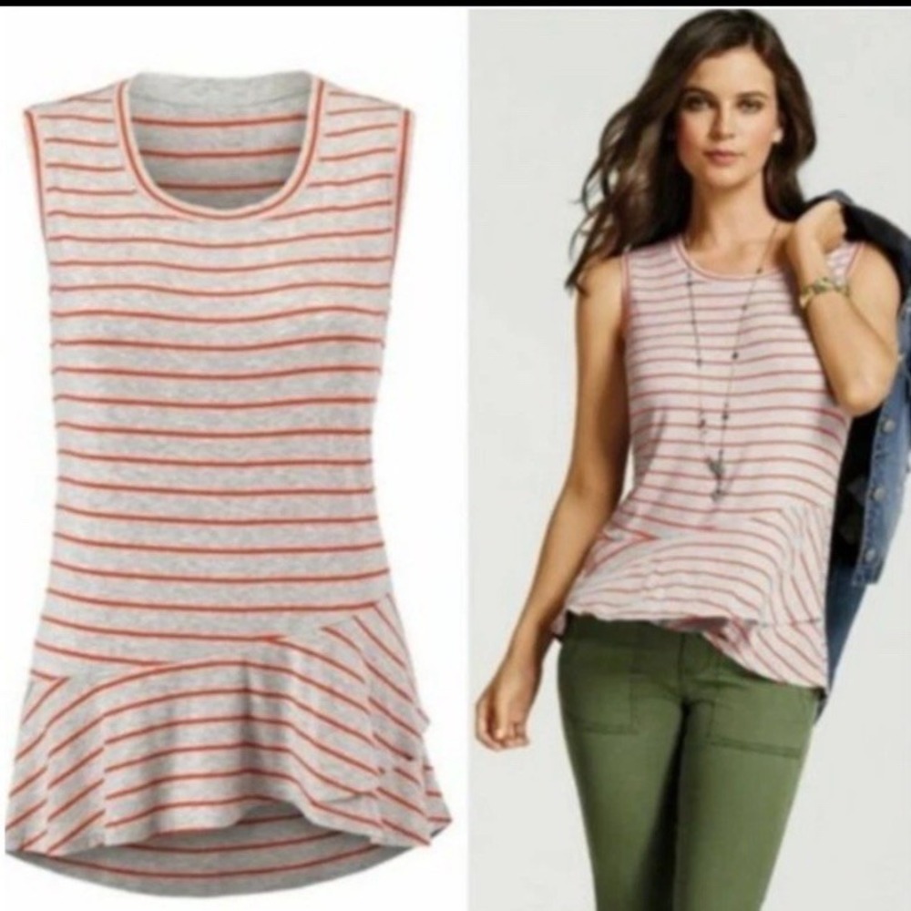 Cabi 5331 Ruffle Tank Top Gray Orange Stripe Sleeveless Blouse Tiered Large A3